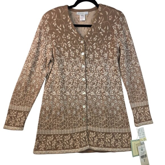 Susan Bristol Long Floral Knit Cardigan Medium Brown Beige Sweater Button Up - Picture 1 of 10